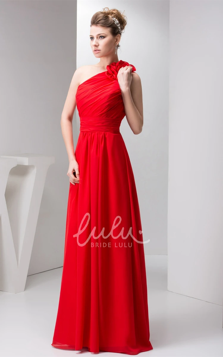 One-Shoulder Maxi Prom Dress with Floral Epaulet and Ruching