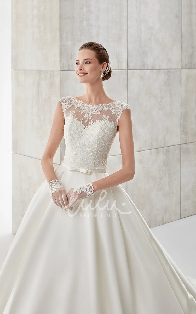 Brush Train A-line Satin Wedding Dress with Scalloped-Neck and Cap-Sleeves Chic Wedding Dress