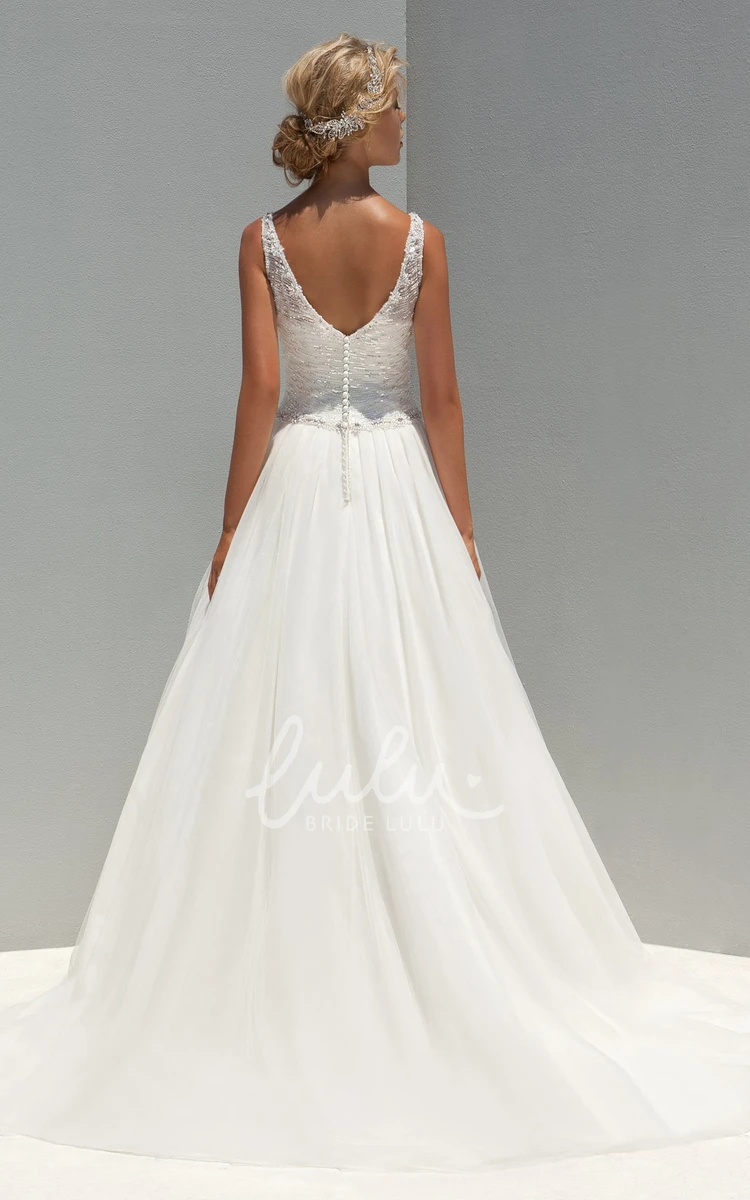 Sequined V-Neck A-Line Wedding Dress with Beading and Ruching