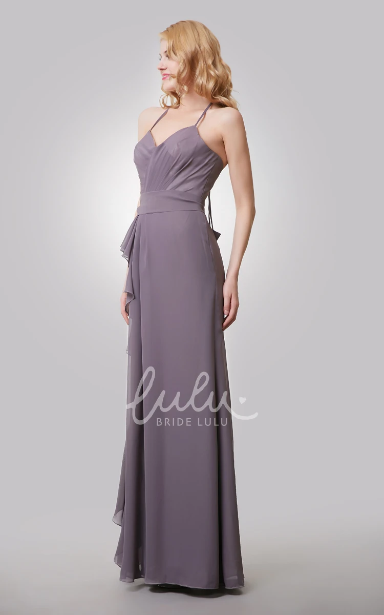 Long Chiffon Bridesmaid Dress with Side Draping and Spaghetti Straps