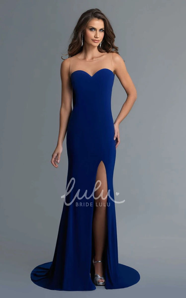 Long Sweetheart Sleeveless Sheath Jersey Bridesmaid Dress with Illusion and Split Front