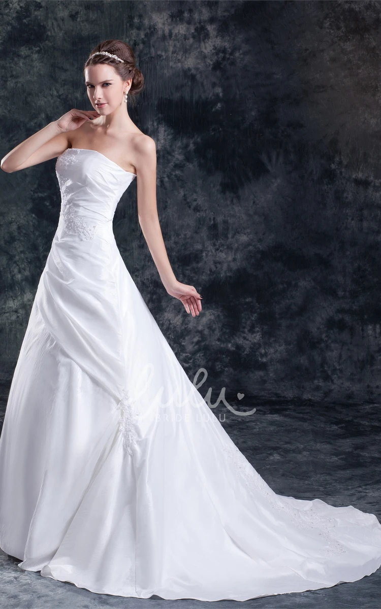 Satin A-Line Wedding Dress With Corset Back Appliques and Strapless Neckline