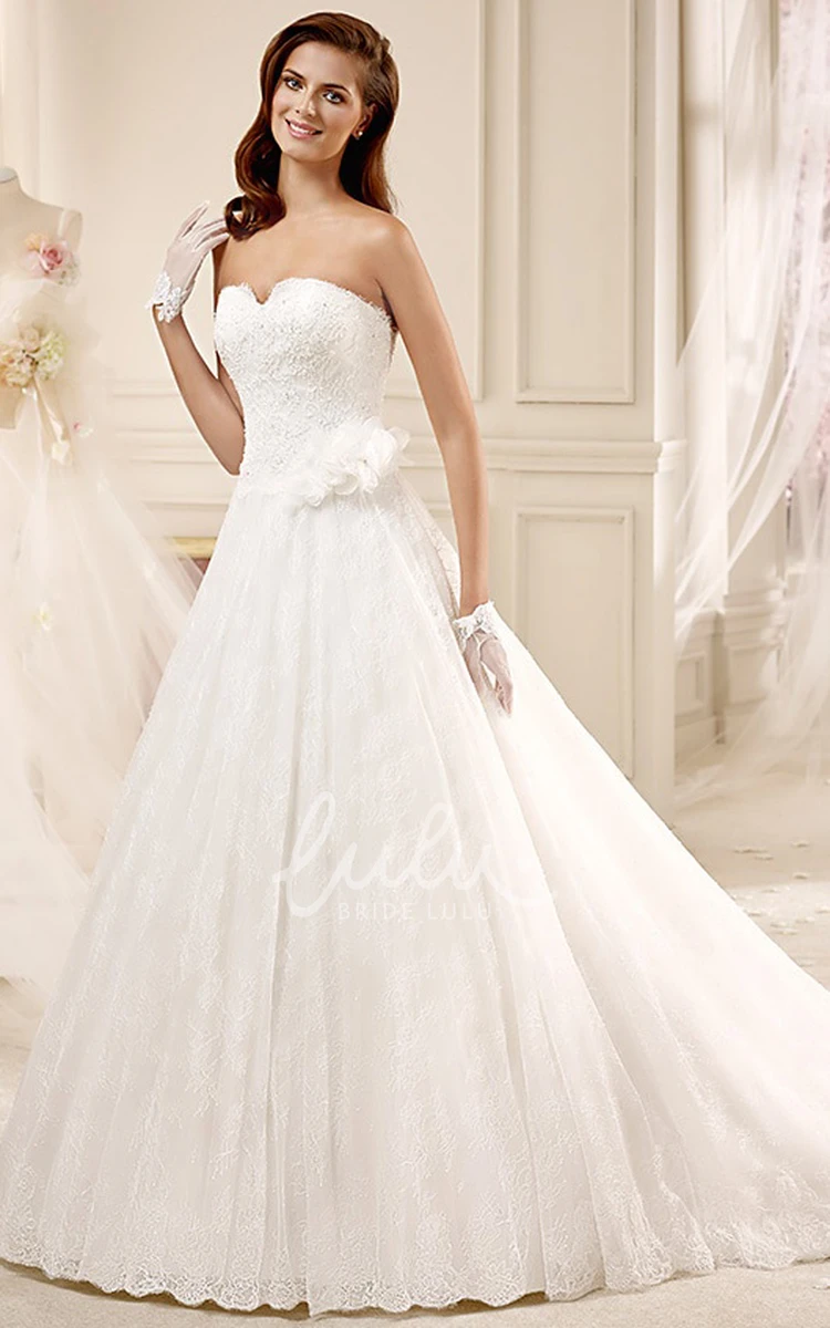 Notched-neck A-line Wedding Dress with Flowers and Court Train Classic & Timeless Wedding Dress