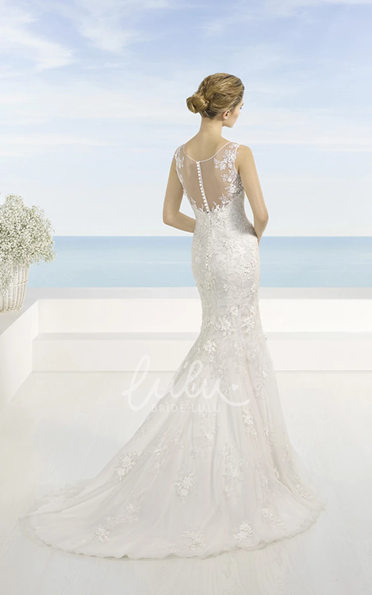 V-Neck Appliqued Lace Wedding Dress with Court Train and Illusion Back Unique Wedding Dress