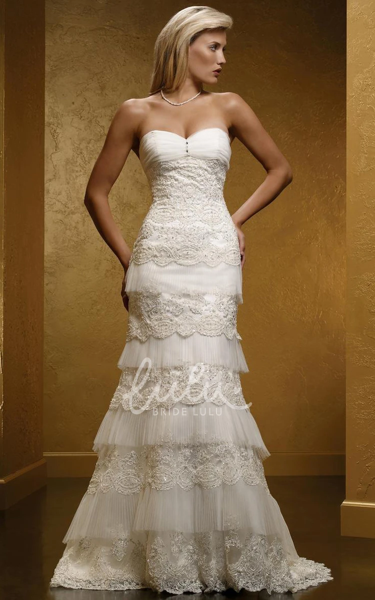 Tiered Lace Sheath Wedding Dress with Appliques and Corset Back Romantic Bridal Gown