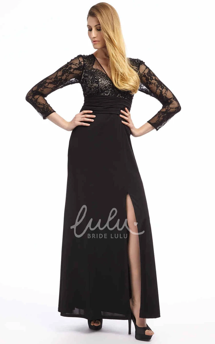 Chiffon Prom Dress with Beading and Split Front A-Line Appliqued Ankle-Length 3-4-Sleeve