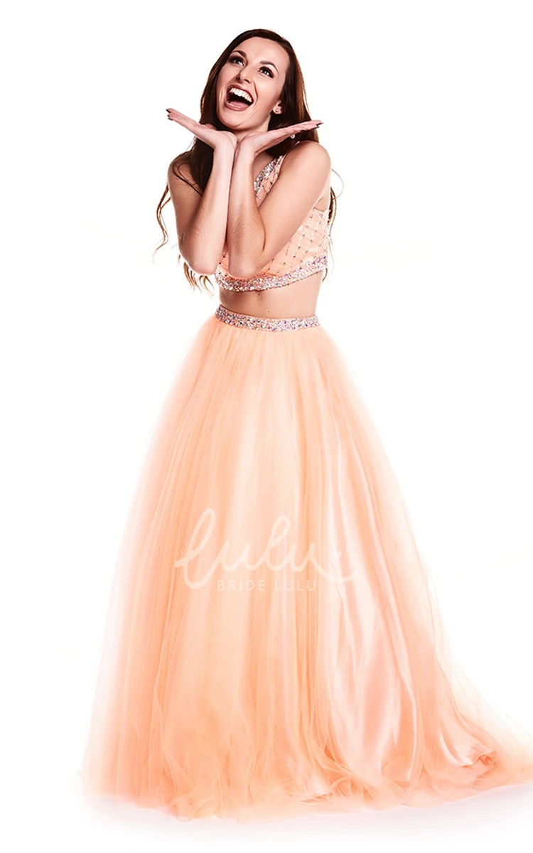 Sleeveless A-Line Beaded Tulle Prom Dress with Illusion Back