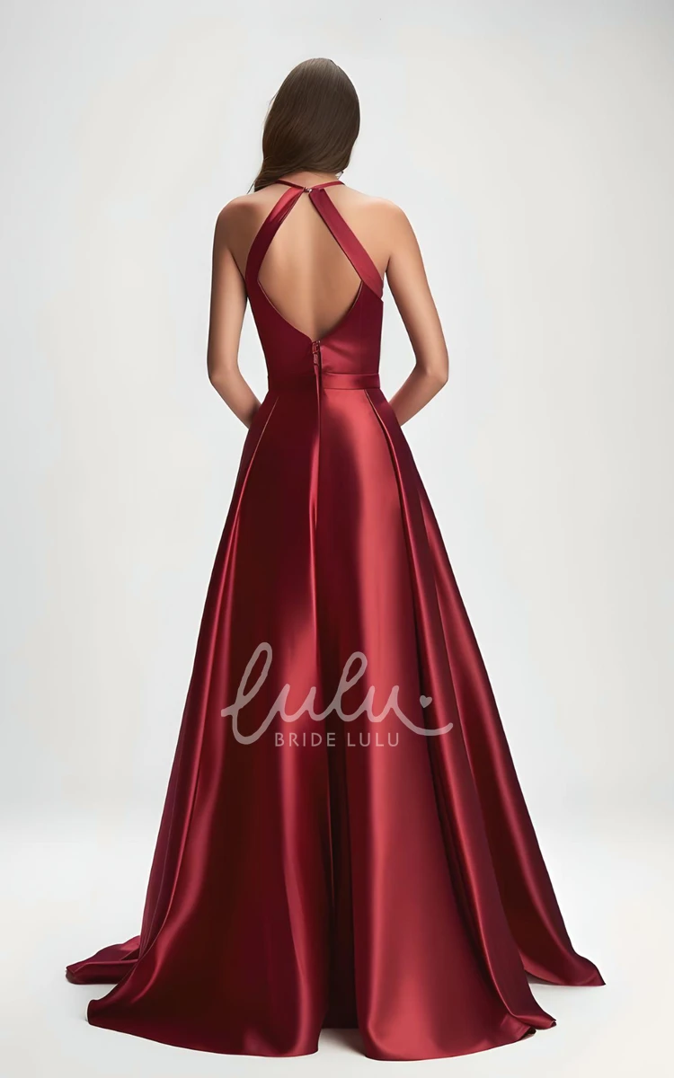 Satin A-Line Halter Sleeveless Prom Dress with Front Split and Train Modern & Ethereal Prom Dress