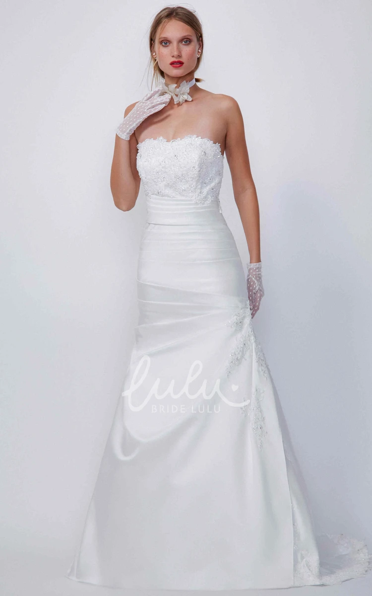 Beaded Satin Strapless Bridesmaid Dress with Side Draping A-Line Bridal Gown