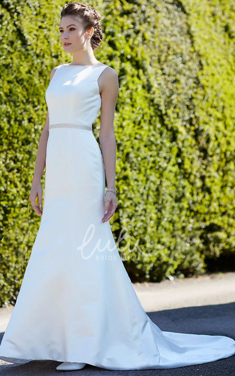 Jeweled Satin Wedding Dress with Jewel Neckline and Chapel Train