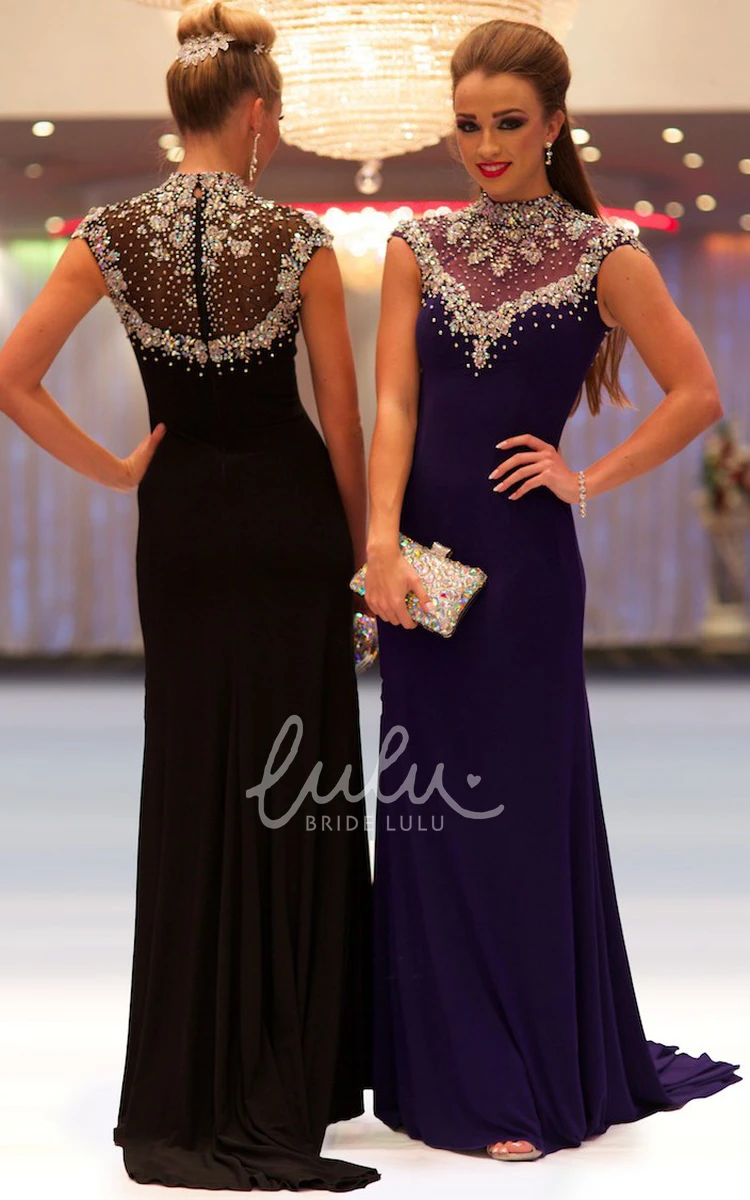 Beaded Jersey Prom Dress Cap-Sleeve High-Neck Sheath Dress for Prom