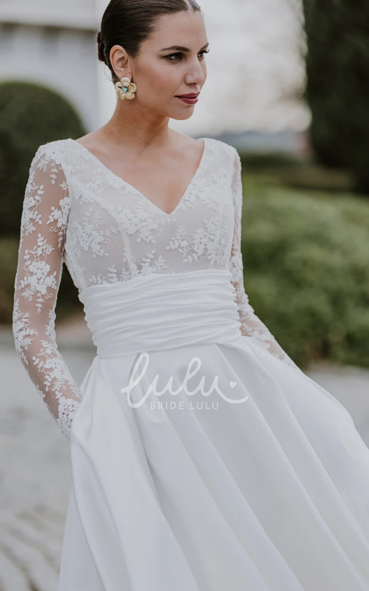 Simple Chiffon Beach Wedding Dress with Illusion Back A-Line V-neck Chapel Train