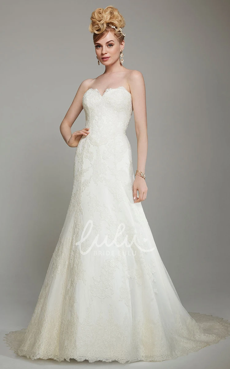 Long Lace A-Line Wedding Dress Sweetheart Appliques Deep-V Back