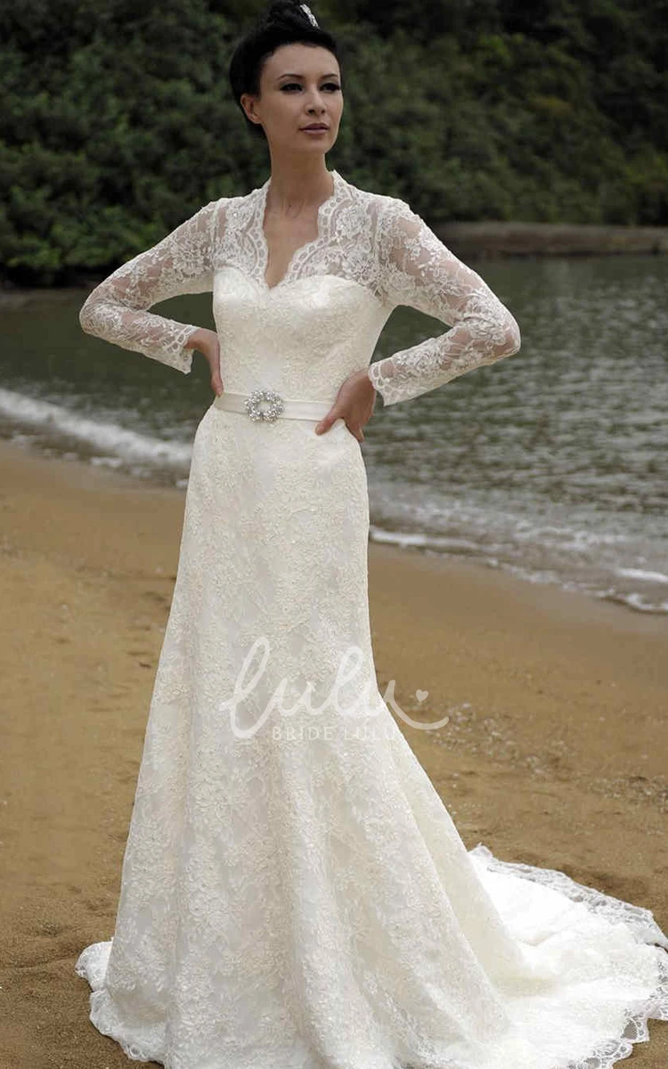 Long-Sleeve Lace Wedding Dress with Broach Modern Sheath Dress