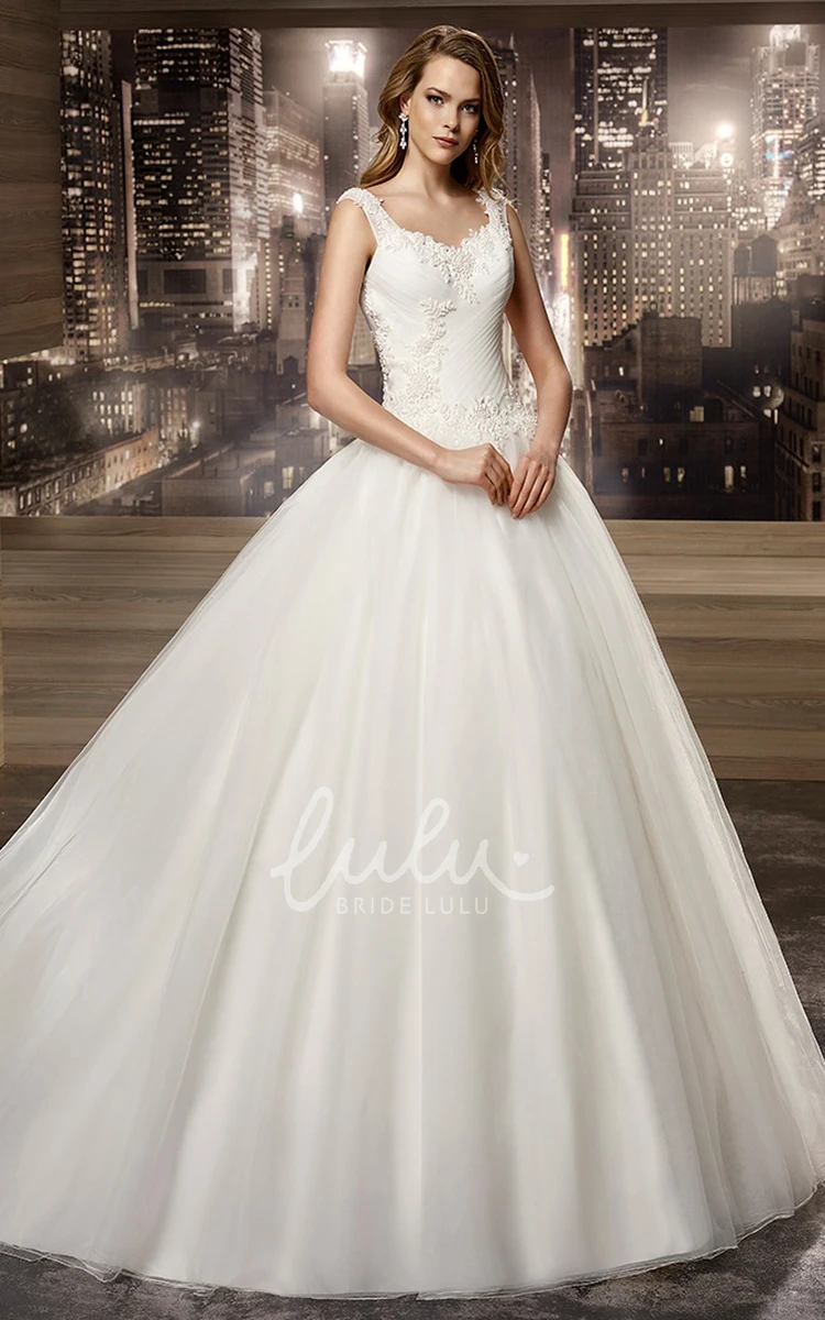 Applique A-Line Wedding Dress with Square Neck and Brush Train