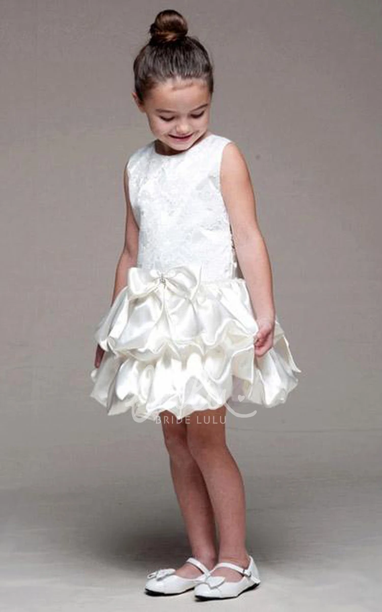 Tiered Midi Flower Girl Dress with Bowed Lace and Satin Unique Prom Dress