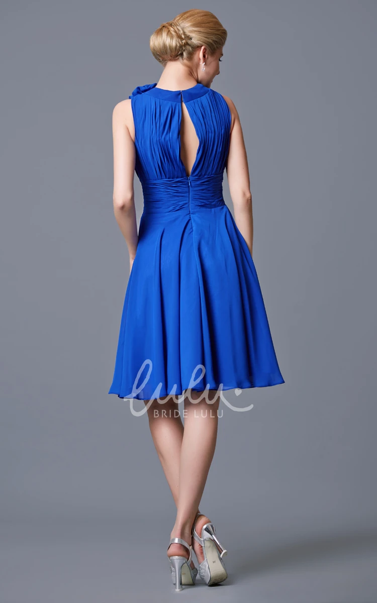 High Neck Empire Chiffon Short Dress with Bandage Modest Bridesmaid Dress