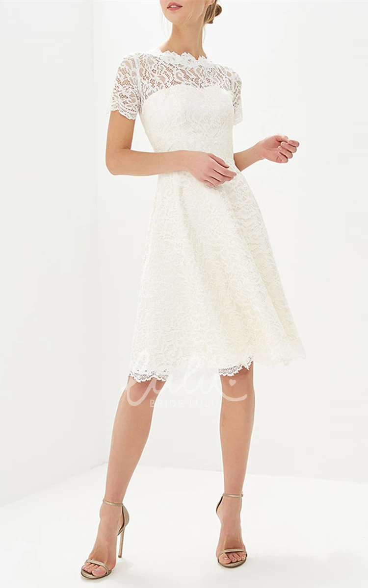 Knee Length Lace A Line Bridal Gown Elegant Jewel Neck Design