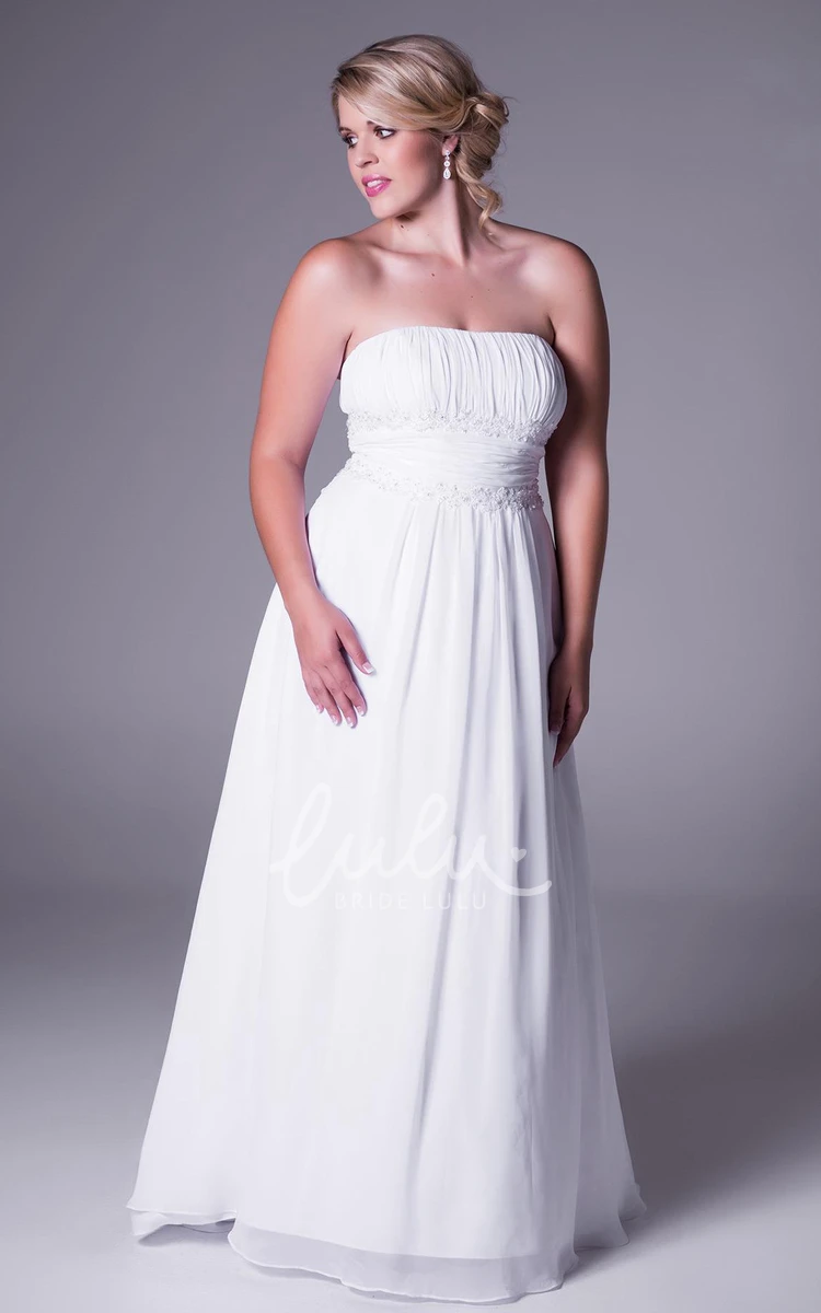 Strapless Chiffon Plus Size Wedding Dress with Appliques and Ruching Court Train