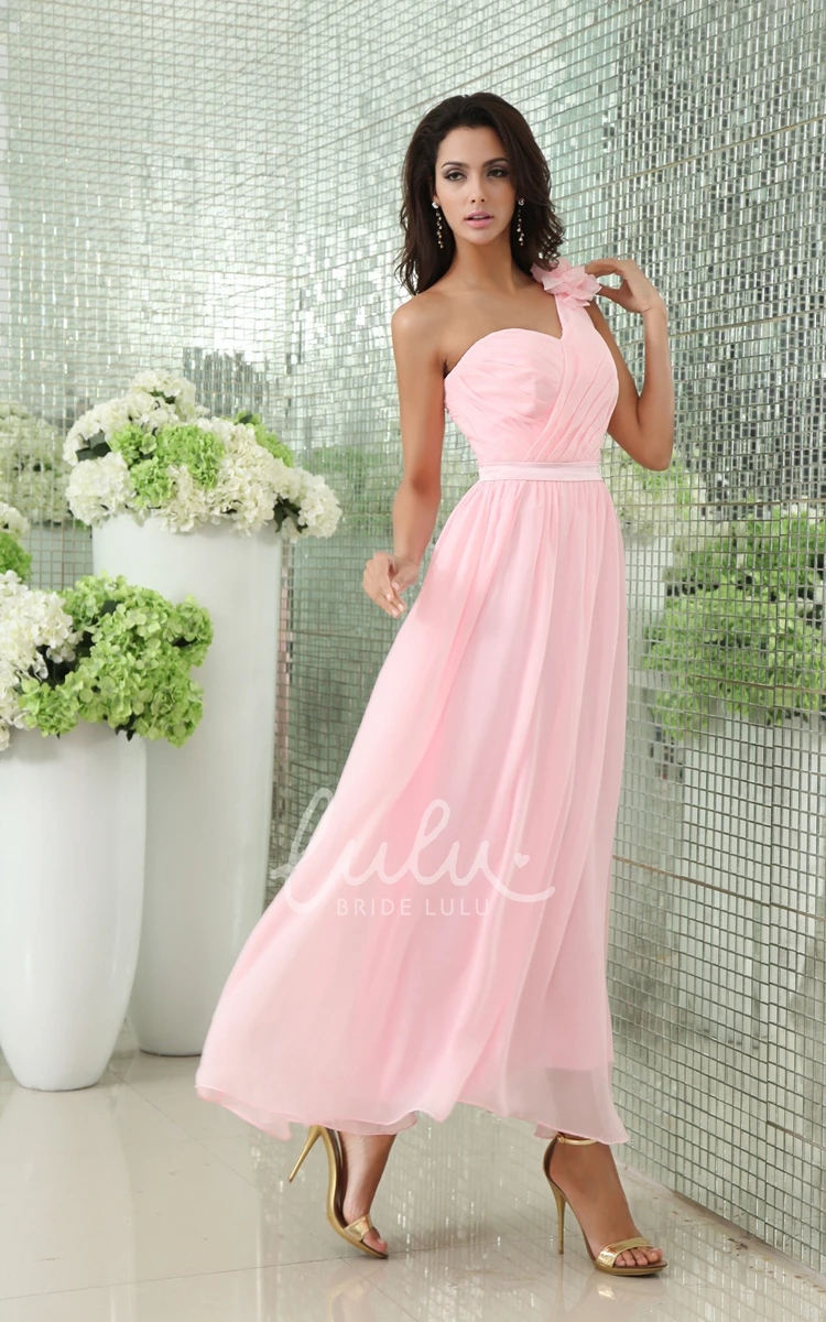 Empire Ankle-Length Dress with Floral Strap and Crisscross Ruching Modern Women's Bridesmaid Dress