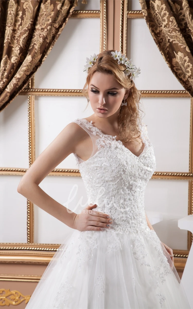 Tulle Ball Gown Wedding Dress Sleeveless Plunged Neckline with Appliques