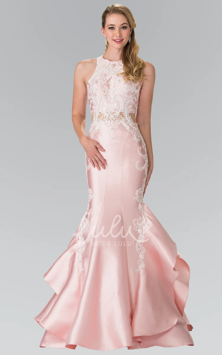 Applique Mermaid Satin Dress with Jewel Neckline and Draping