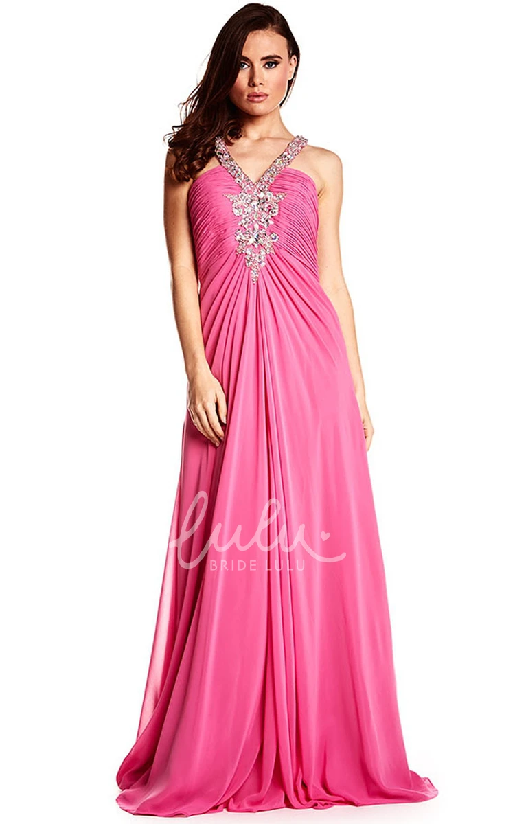 Ruched A-Line Chiffon Prom Dress with Beading Empire Waist Floor-Length Dress