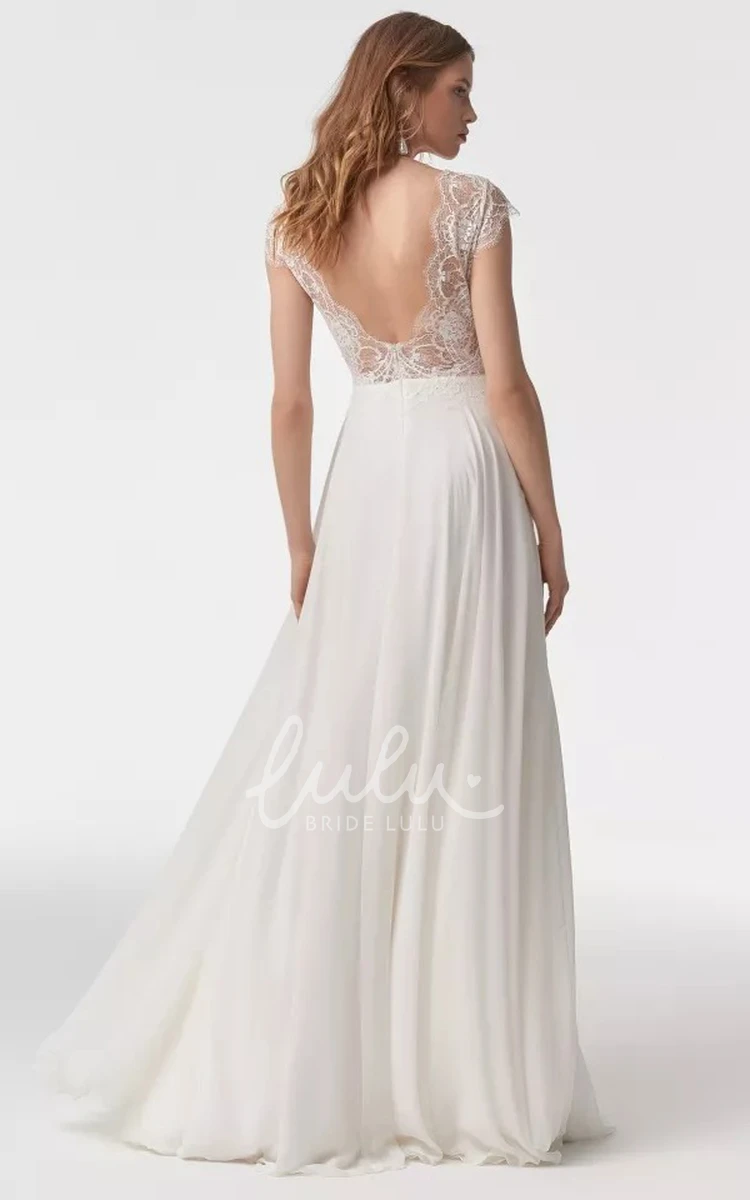 A Line Boho Lace Chiffon Wedding Dress Sexy Back Maxi Bridal Gown with Casual Short Sleeves