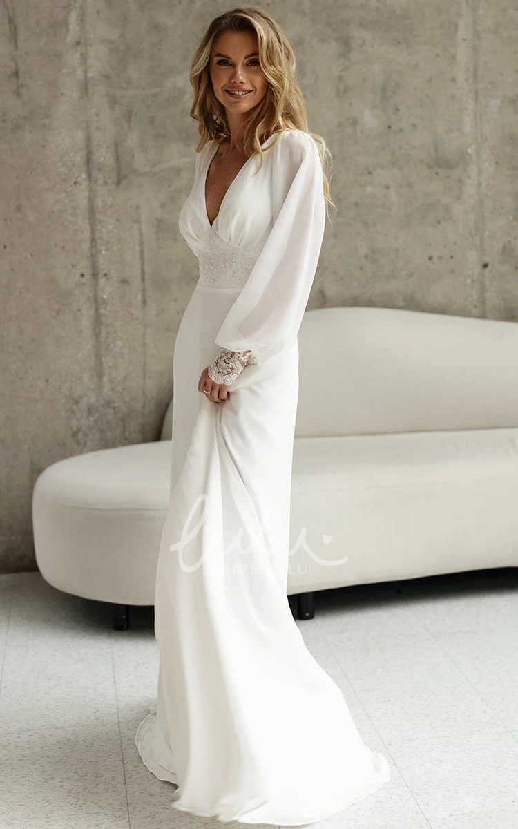 Modest Lace Chiffon A-Line Flowy Boho Wedding Dress with Sleeves Romantic Elegant Backless Sweep Train Bridal Gown