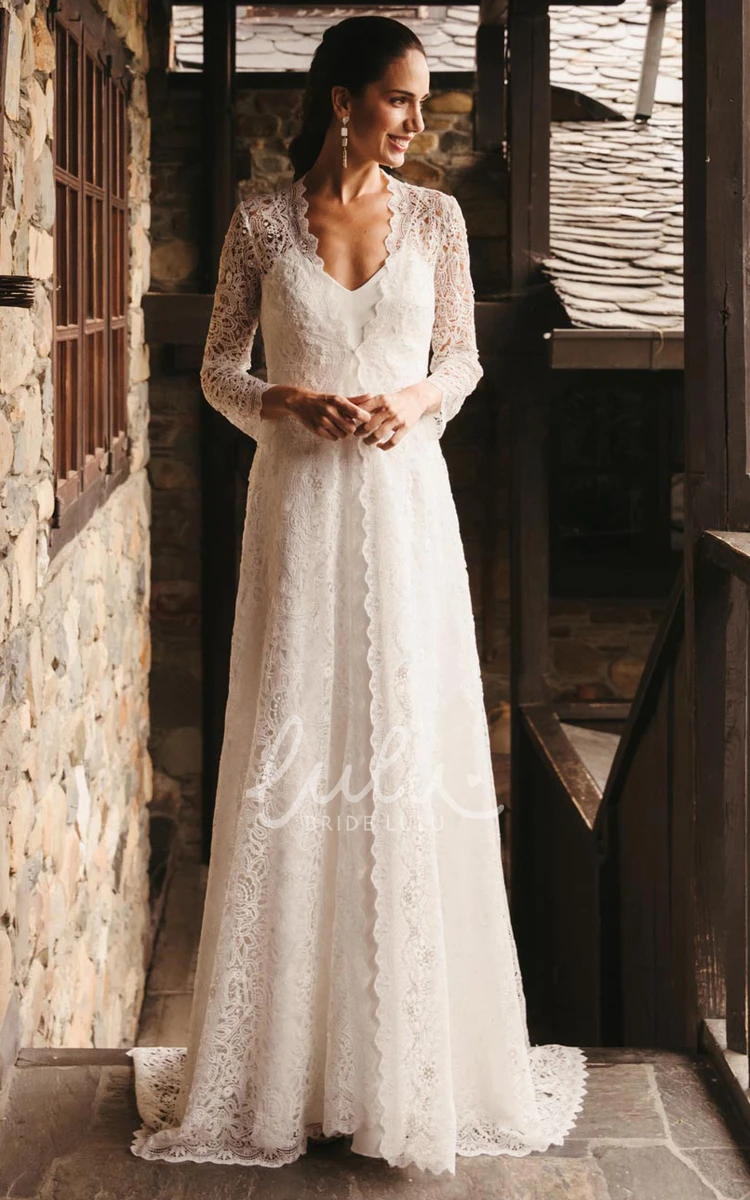 Lace Applique V-neck A-Line Bohemian Wedding Dress with Illusion Country Style