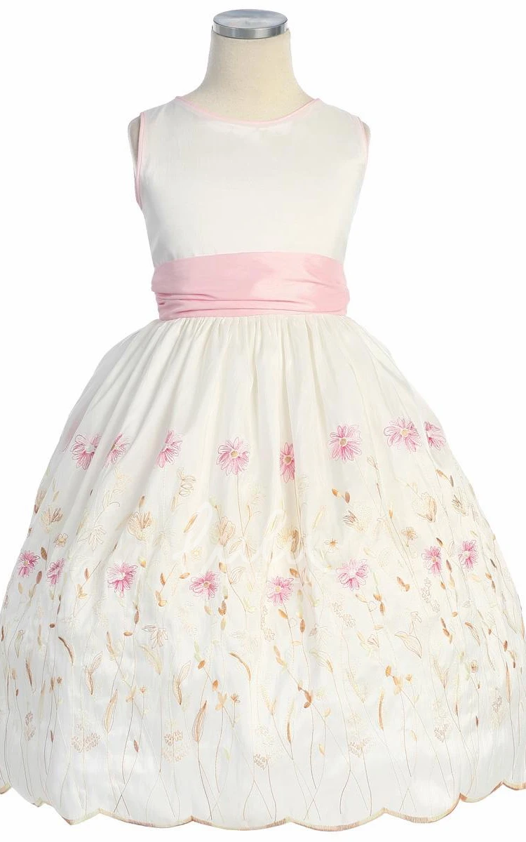 Floral Taffeta Flower Girl Dress with Bows Tea-Length Wedding Dress