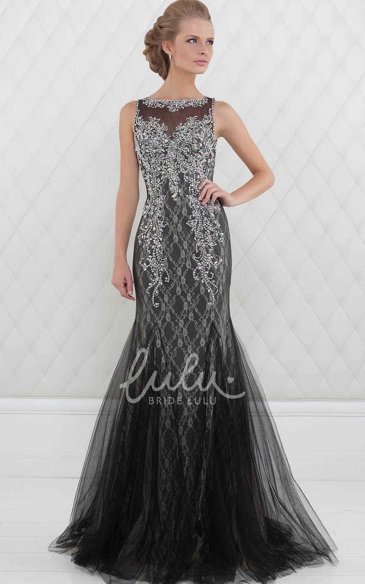 Trumpet Beaded Floor-Length Sleeveless Tulle Prom Dress With Lace Lace Trumpet Tulle Prom Dress