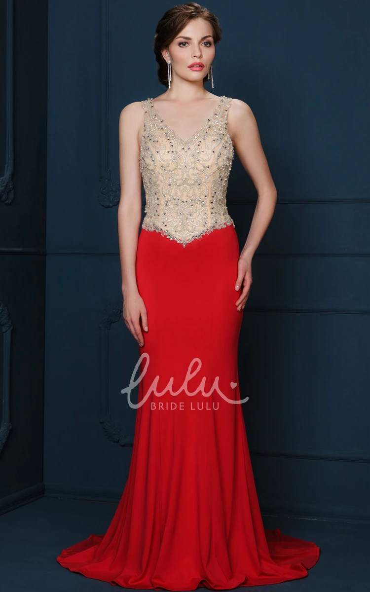 Beaded V-Neck Sleeveless Jersey Evening Dress Sheath Style