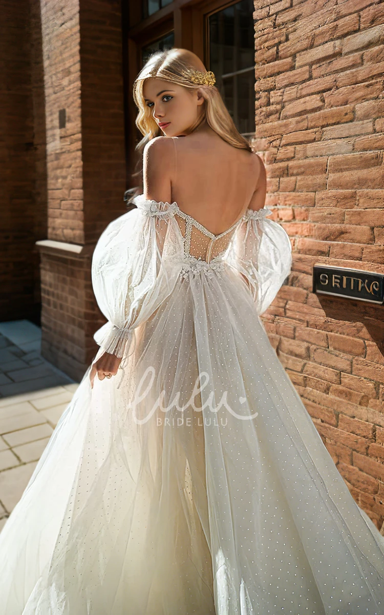 Modest Halter Sweetheart Floor-length Tulle Wedding Dress with Balloon Long Sleeve