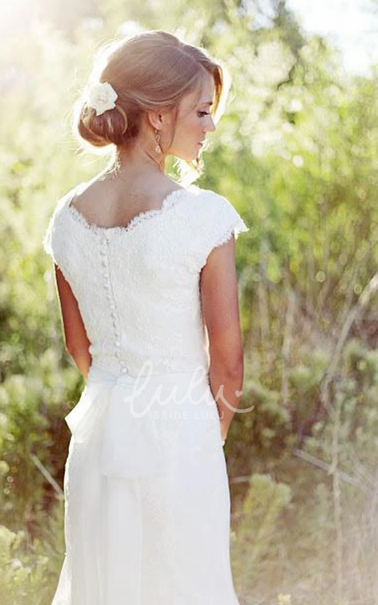 Sheath Chiffon Country Wedding Dress with Cap Sleeves and Lace Sash