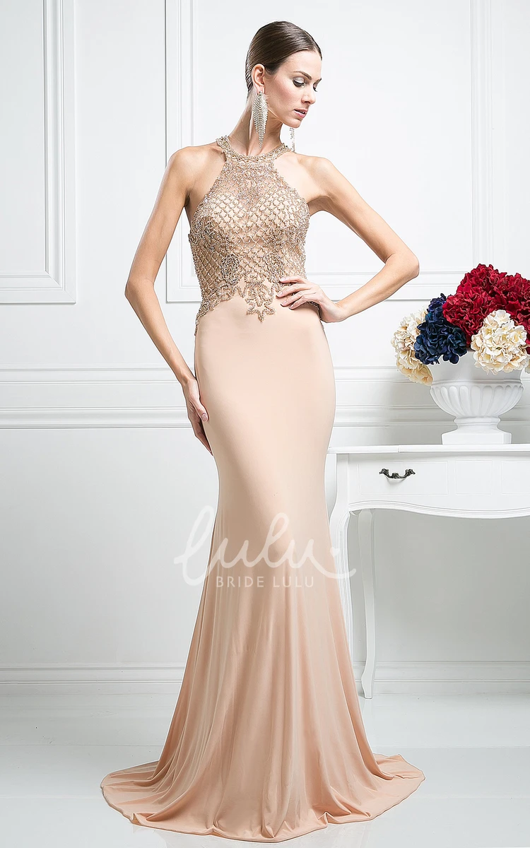 Jewel-Neck Sleeveless Sheath Prom Dress with Beading Details