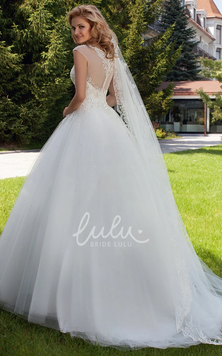 Maxi Tulle Wedding Dress with Illusion Back and Court Train Sleeveless Appliqued Bateau Neckline