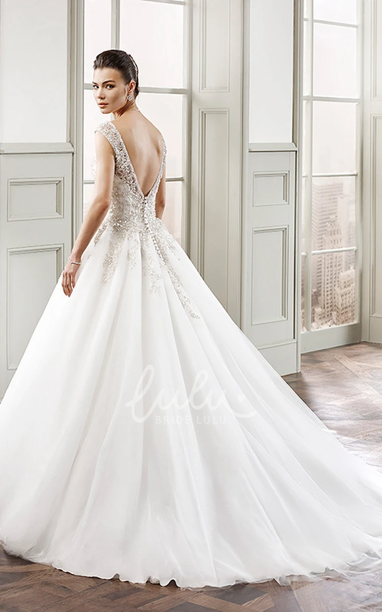 Beaded V-Neck Tulle Ball Gown Wedding Dress Sleeveless Floor-Length Bridal Dress