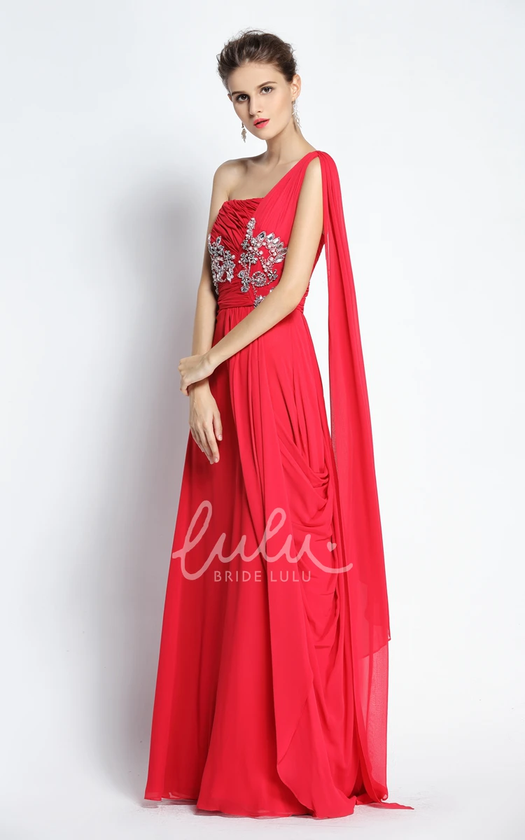 A-Line Chiffon Prom Dress Floor-length One-shoulder + Beading + Modern