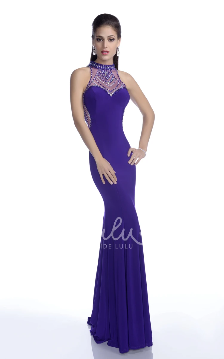Jersey Sleeveless High Neck Gown with Crystal Appliques Elegant Gown