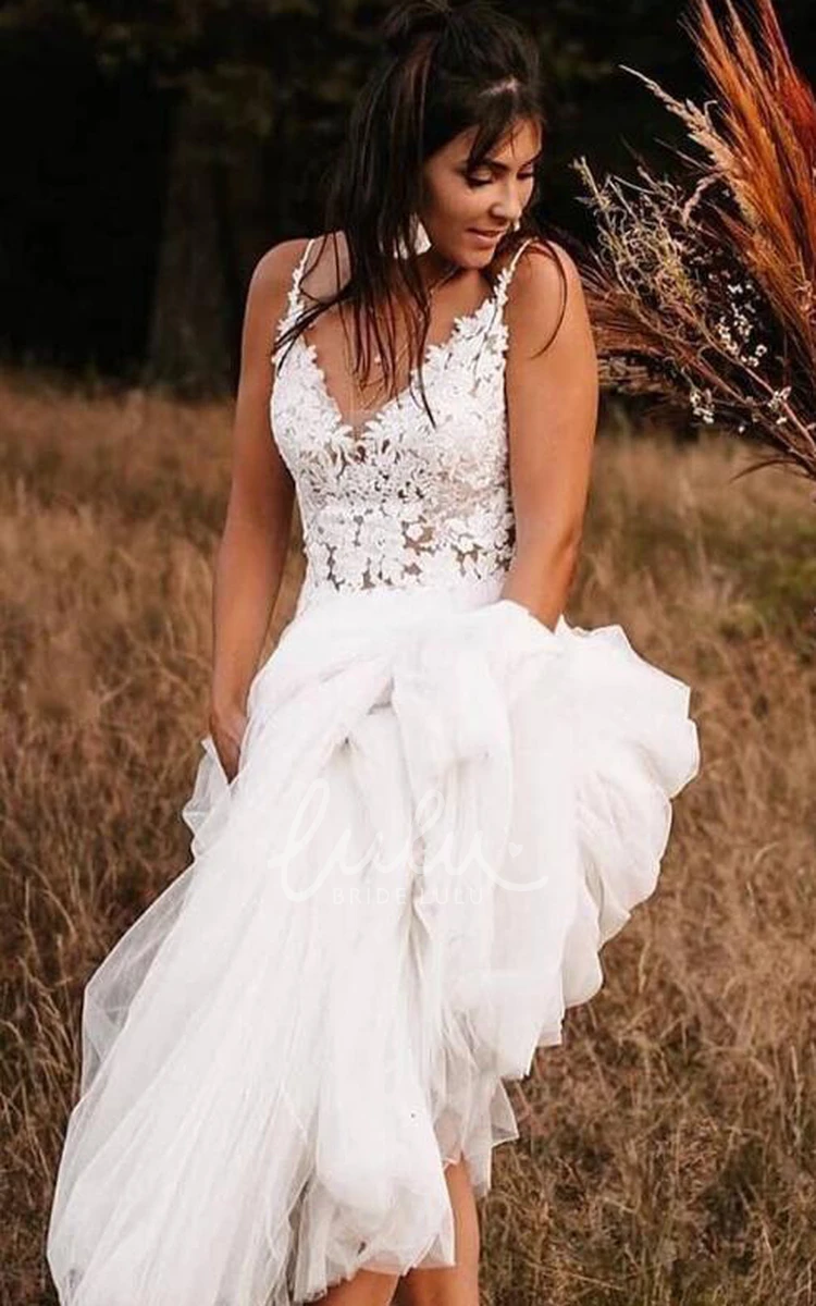 Bohemian Sexy Low-V Back Wedding Dress with Appliques A-Line Sleeveless Lace Tulle
