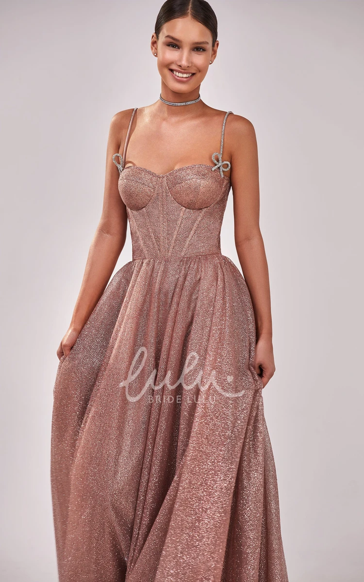 Romantic Sequins Spaghetti Formal Dress with Lace-up Back and Bow Women's Evening Gown