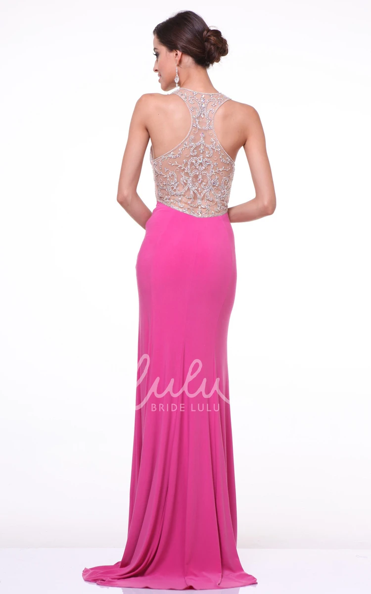Jewel-Neck Jersey Illusion Sheath Formal Dress with Split Front and Beading