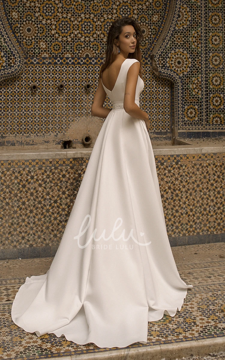 Elegant Satin Cap Sleeve Bateau Wedding Dress with V-back and Sash