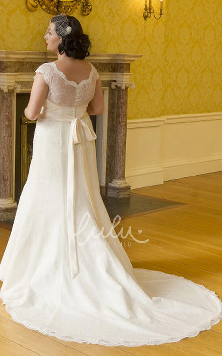 Scalloped V-Neck Lace Bridal Gown with Cap Sleeves and Satin Sash