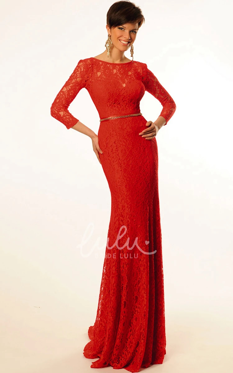 Jeweled Lace Prom Dress with Bow Scoop Neck Long-Sleeve Floor-Length Sheath