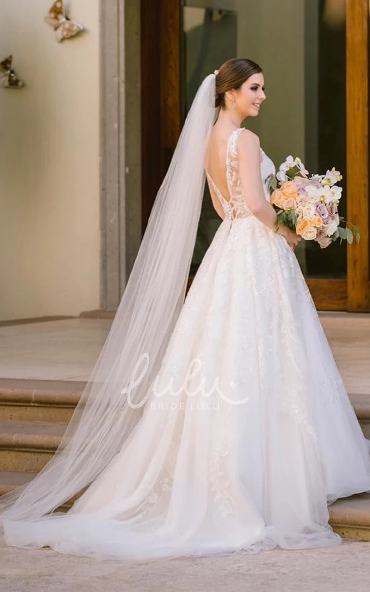 Elegant Tulle Ball Gown V-Neck Wedding Dress with Appliques Classy Bridal Dress