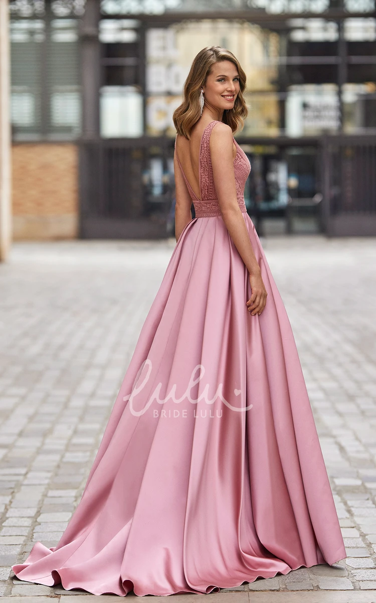 Plunging Neck Satin A-Line Evening Dress with Split Front Sexy Wedding Dress