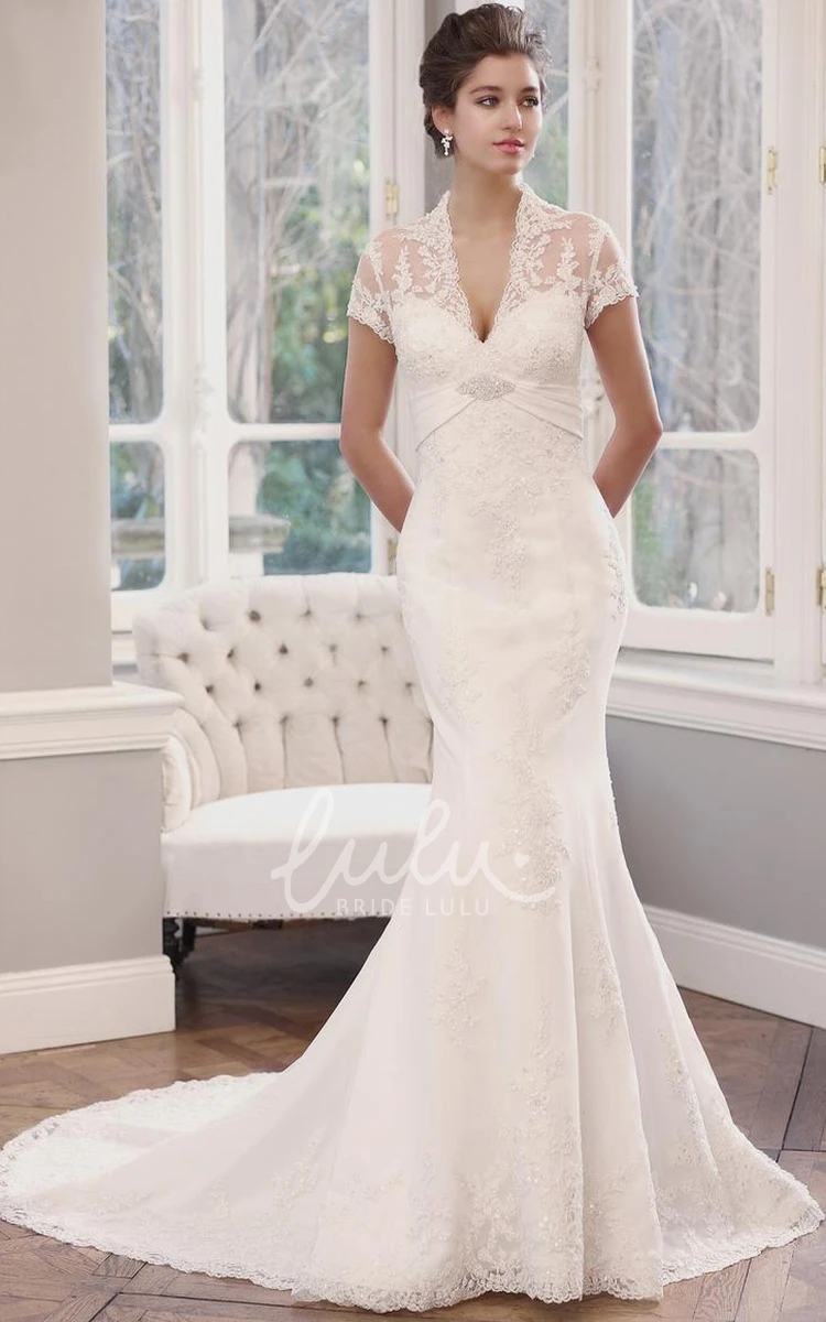 V-Neck Lace Mermaid Wedding Dress with Illusion Sleeves Unique Bridal Gown
