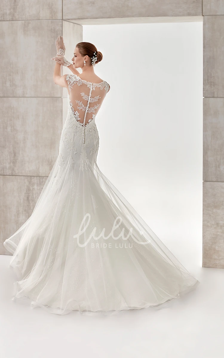 Mermaid Wedding Dress with Jewel-Neck Cap-Sleeves Appliques and Illusive Design